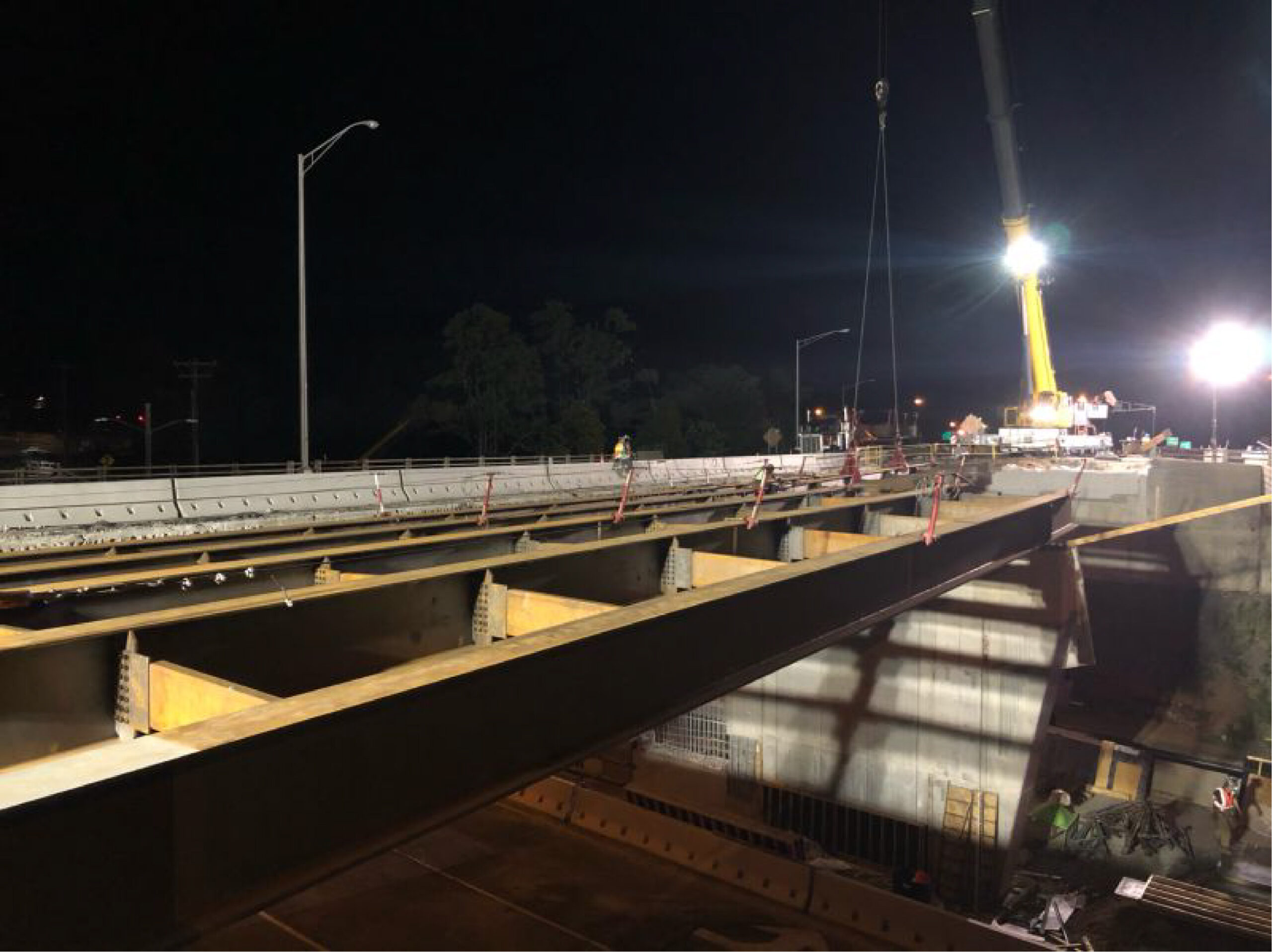 Steel girders being set on new I-84 Westbound bridge at Ridgewood Road